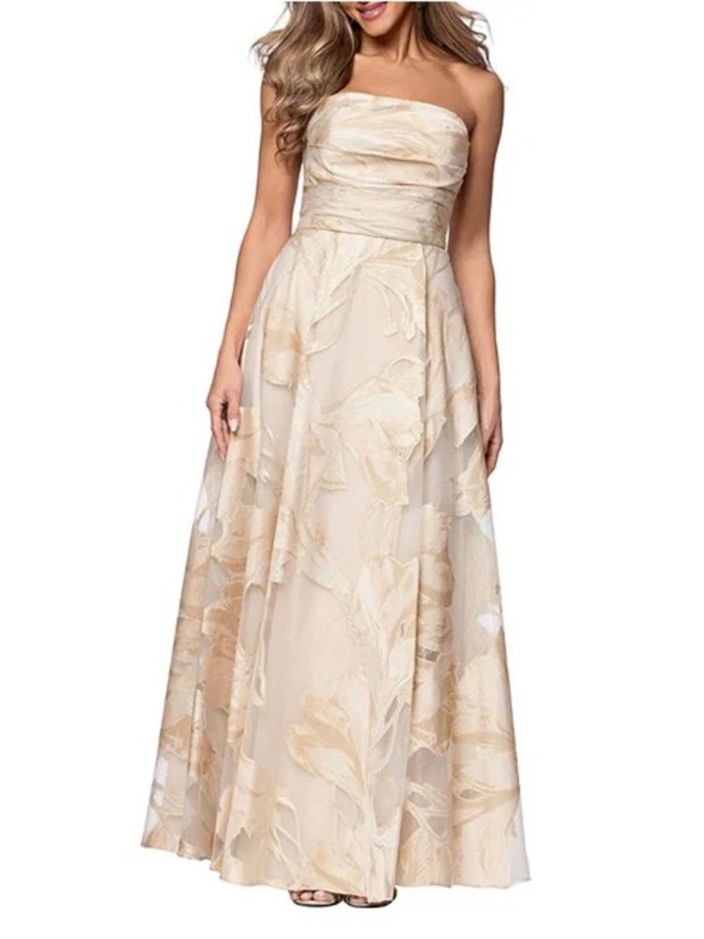 Xscape Strapless Floral A-Line Gown in Champagne Beige with POCKETS!!